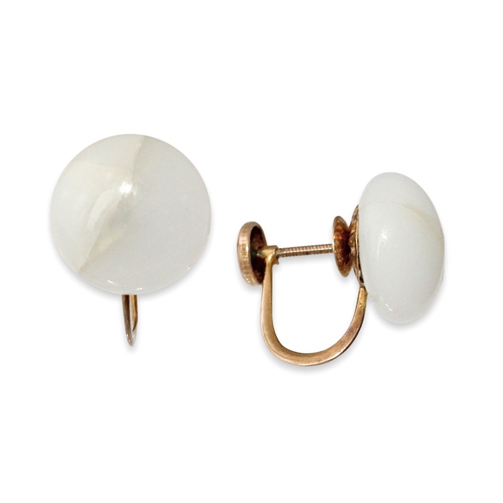 Vintage 10K Gold White Marbled Glass Screw Back Earrings Round Button Estate